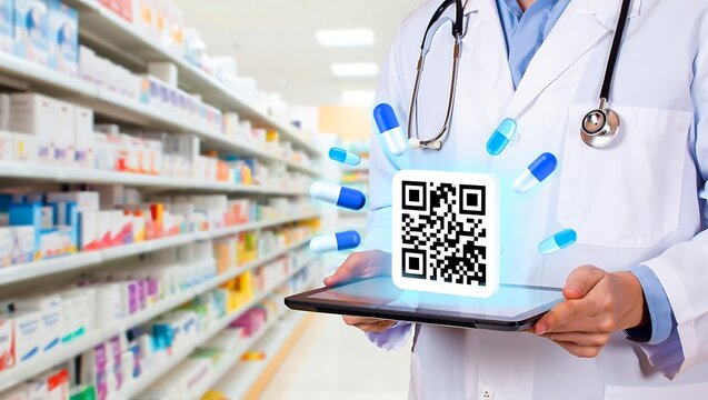 Doctor holding tablet with QR code, pharmacy background, promoting digital health solutions, Revolutionizing healthcare with technology and telemedicine prescriptions