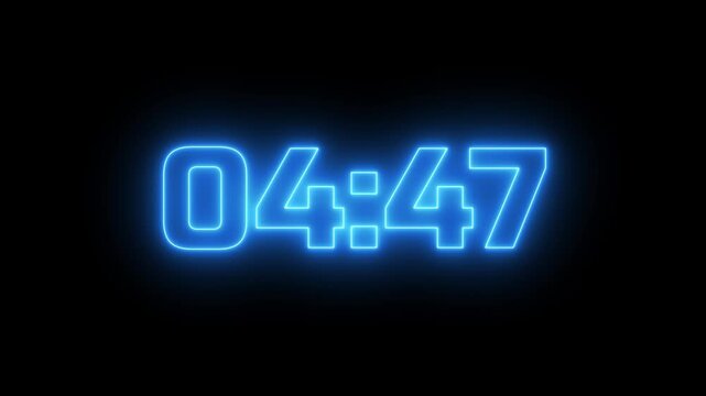 5 minutes countdown timer animation with glowing neon digital-style numbers on black background.Neon Digital Number Clock,intros, events, motion graphics, live streams,