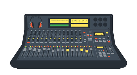 Detailed Illustration of a Gray Audio Mixing Console with Headphones.