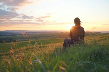 Person contemplating sunset landscape