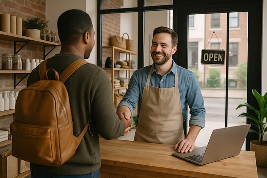 Friendly small business owner greeting first customer with handshake in modern shop with Open sign, welcoming them to the store