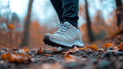 Person hiking on autumn trail closeup of feet in athletic shoes