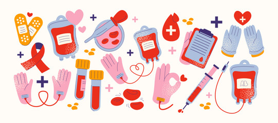 Blood donation icons in retro cartoon style. Medical set: blood bag, test tubes, gloves, syringe, drop, clipboard. Healthcare support concept, illustration in funky, doodle style, trendy sticker set.