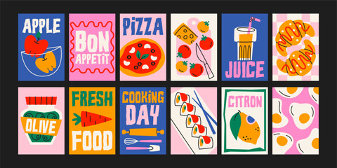 Abstract food posters for the kitchen. Culinary compositions in cartoon trendy style of Matisse. Decor for kitchens, cafes and restaurants. Minimalist banners for wall decor, prints, wallpaper.