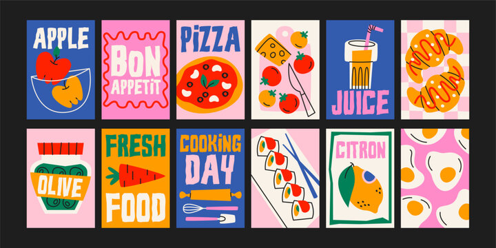 Abstract food posters for the kitchen. Culinary compositions in cartoon trendy style of Matisse. Decor for kitchens, cafes and restaurants. Minimalist banners for wall decor, prints, wallpaper.