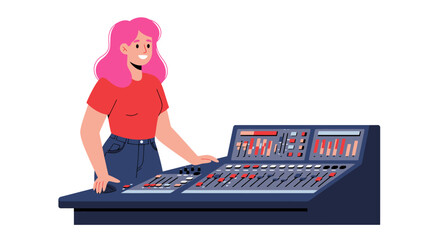 Woman with Pink Hair Operating a Professional Audio Mixing Console.