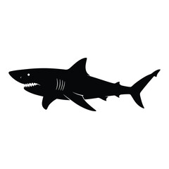 Obraz premium A black shark silhouette is isolated on white background, a powerful predator of the ocean