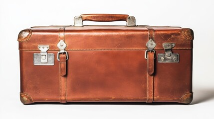 Vintage brown leather suitcase with metal clasps and handle, isolated on white background. (1)