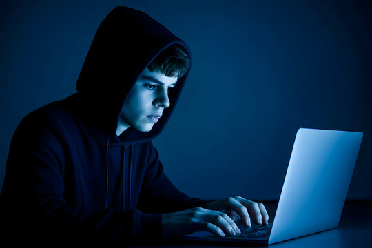 Young Hacker in Hoodie Working on Laptop - Powered by Adobe