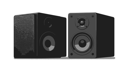 Naklejka premium Two Black Audio Speakers with Grille and Circular Drivers Vector Illustration.