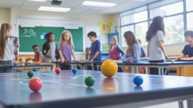 A science classroom with students learning about ballistic motion using a trajectory model