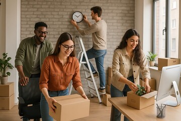 Young professionals setting up their new office space, organizing boxes, planting a plant, and hanging a clock in a modern workspace