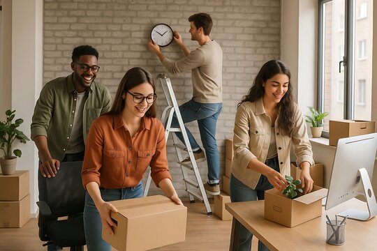 Young professionals setting up their new office space, organizing boxes, planting a plant, and hanging a clock in a modern workspace