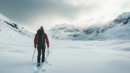 An adventurer hikes into a snowy fastness high in the mountains where silence and icy wind create a sense of isolation and awe