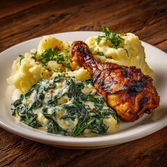 Roasted chicken drumstick with creamy mashed potatoes and spinach