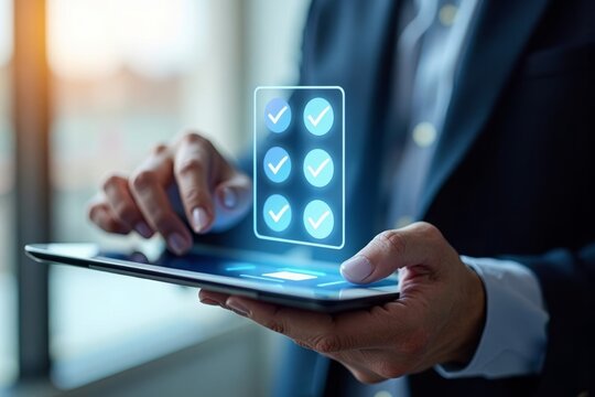 Futuristic businessman using holographic checklist on tablet