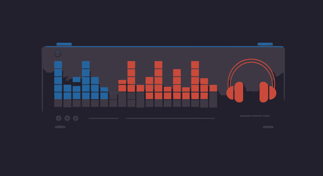 Graphic Equalizer with Headphones: Blue and Red Audio Spectrum Display. - Powered by Adobe