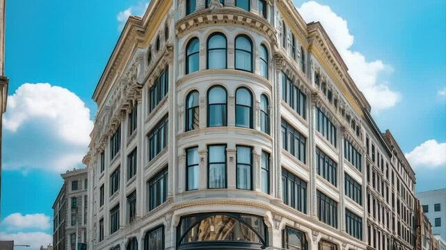 Elegant corner building with arched windows, ornate detailing, and a classic architectural style against a bright blue sky