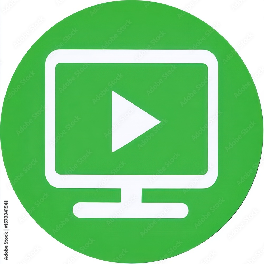 Fototapete White-outlined computer monitor icon with play button symbol centered on solid green circular background, representing video-related function or application.