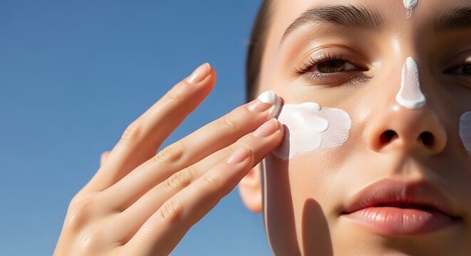 Close-up of a woman applying sunscreen to her face under bright sunlight.