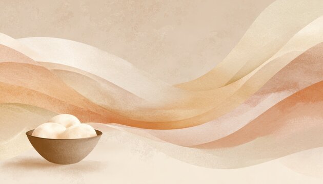 A horizontal illustration for Fufu Day, showing a simple bowl with smooth, rounded fufu inside, placed on a clean surface. 