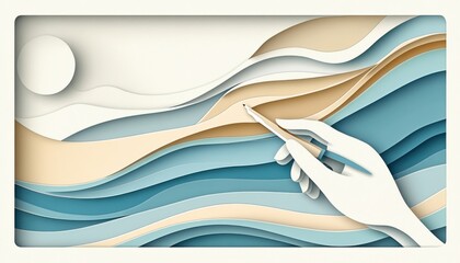 A horizontal illustration for Left-Handers Day, showing a single left hand outlined in layered paper cut forms, holding a pen poised to write on a blank sheet. 