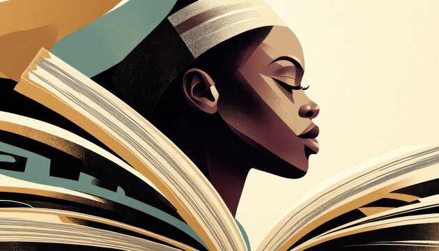 A horizontal illustration for Kiswahili Language Day of Afrikaanse taaldag, showing an open book with Swahili text on its pages resting on a simple surface. - Powered by Adobe