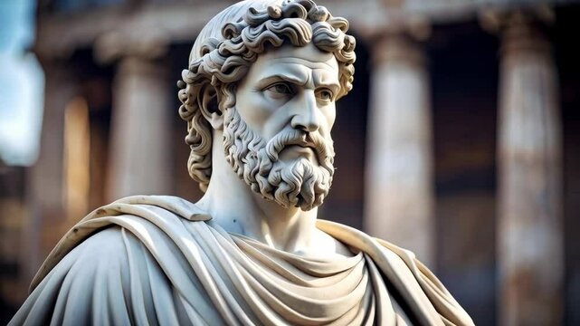 Marble statue head with beard in front of blurred classical style columns. Detailed classical Greek sculpture of a man. Art and architecture.