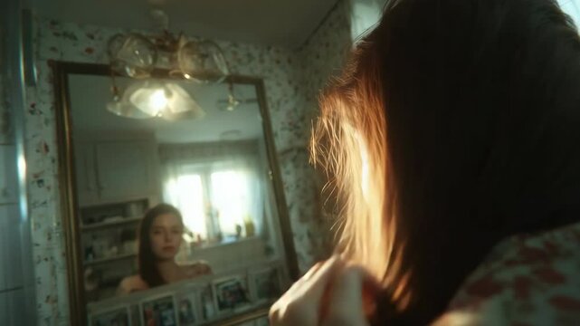 Mirror Reflection: A woman gazes at herself in the mirror, her reflection a glimpse into introspection and self-discovery.
