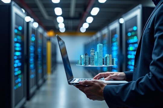 Futuristic Cityscape Hologram Projected from Laptop by Data Center Chief Technology Officer in Dim Warehouse - Powered by Adobe