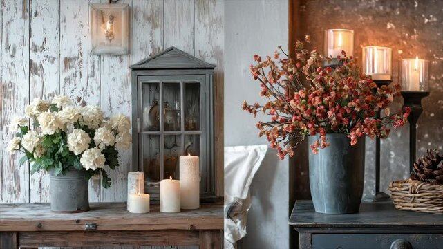 Rustic autumnal home decor featuring candles, flowers, and vintage-style containers on weathered wood surfaces