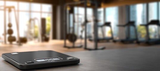 Digital weighing scale shown right, fitness backdrop blurred, clean space left 