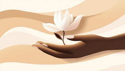 A horizontal illustration for Mother's Day, showing two hands gently holding a small blooming flower.