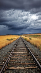 Obraz premium Railroad Tracks Through Golden Field Under Stormy Skies Landscape
