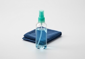 Blue liquid in clear spray bottle with turquoise top and folded cloth