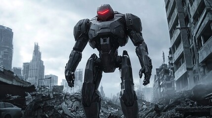 A robot with glowing red eyes surrounded by the ruins of a destroyed buildings