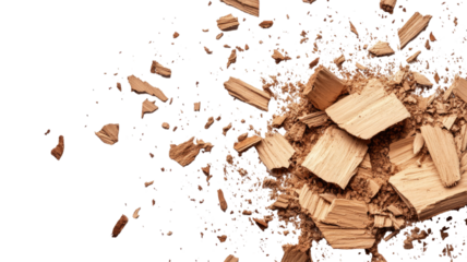 Wood pieces and dust crushed tree bark with natural texture and organic debris isolated on white background