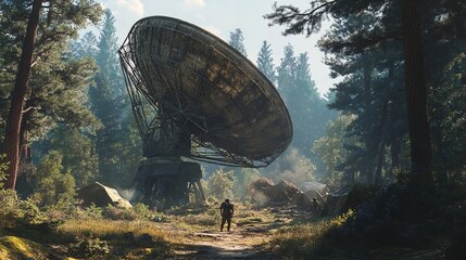 rusted satellite dish towers above an overgrown forest clearing