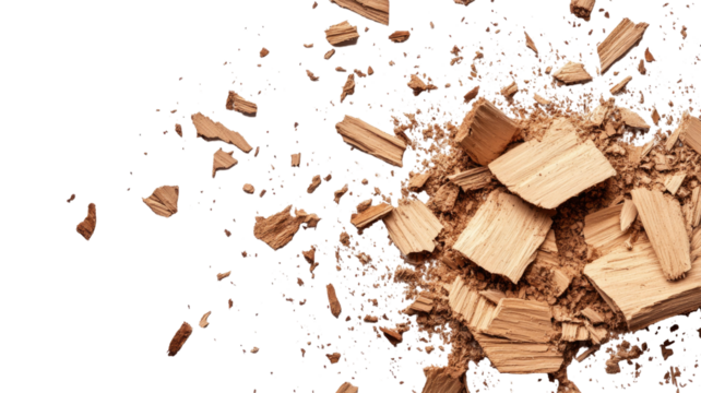 Wood pieces and dust crushed tree bark with natural texture and organic debris isolated on white background