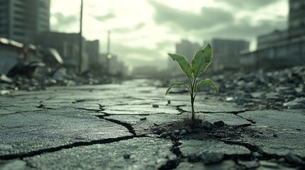 A small green plant pushes through the cracked pavement of a destroyed urban landscape