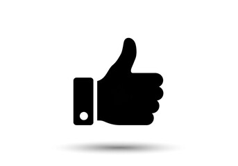 A simple black thumbs up icon with a white background casting a subtle shadow underneath it