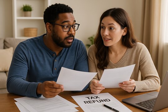 young couple reviewing their tax refund papers and tax documents while sitting at home, happy and excited about receiving their tax refund