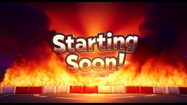 Animated stream starting soon screen with vibrant cartoon race track and dynamic fire explosion background, perfect for introducing gaming content and building anticipation