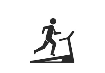 A black silhouette of a person running on a treadmill against a plain white background in a simple style