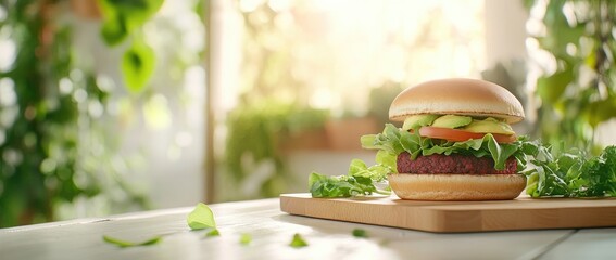 Plant based burger on wooden board