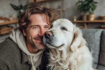 Happy Man with Dog Sharing Love on Couch in Cozy Living Room, Natural Light Warmth