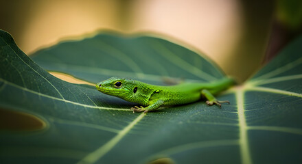 Green lizard resting on a large tropical leaf