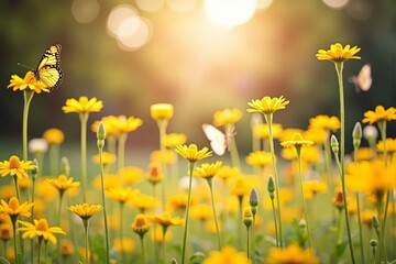 Fototapeta premium Fairy Tale Photoshoot: Yellow Santolina Flowers and Dancing Butterflies in a Sunlit Meadow