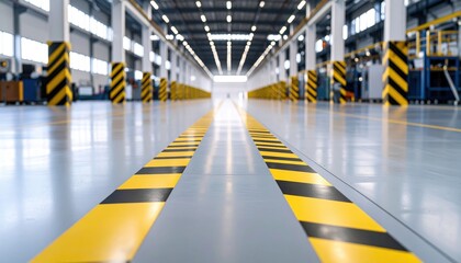 Wide view of a modern industrial warehouse with yellow safety lines and organized equipment