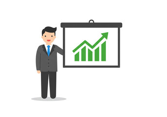 Businessman presenting a growth chart on a projector screen in a simple vector illustration